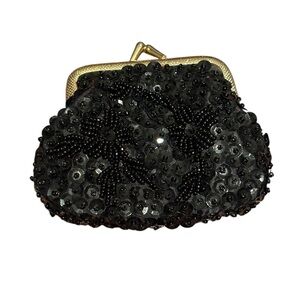 Black Beaded Sequined Vintage Evening Coin Purse